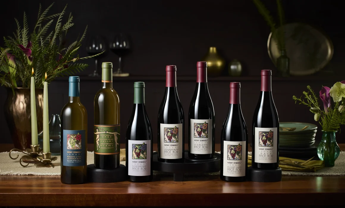 Lineup of Merry Edwards wine bottles
