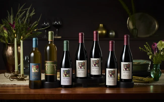 Lineup of Merry Edwards wine bottles