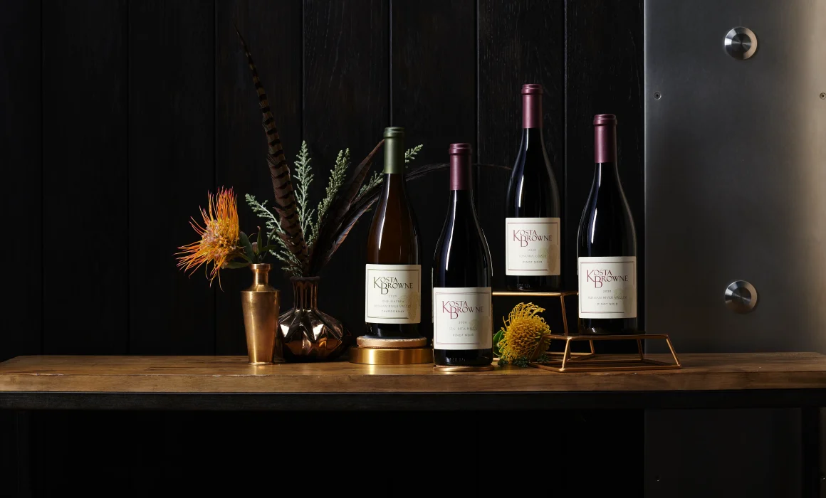 Lineup of Kosta Browne wine bottles