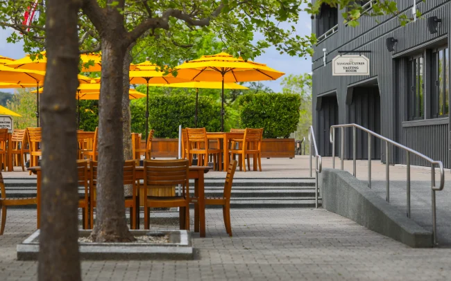 Covered outdoor patio seating at Sonoma-Cutrer Vineyards