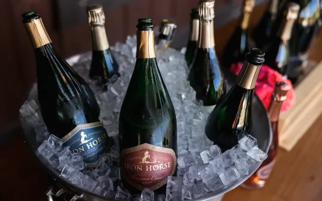 Bottles of Iron Horse Vineyards wine chilling in an ice bucket