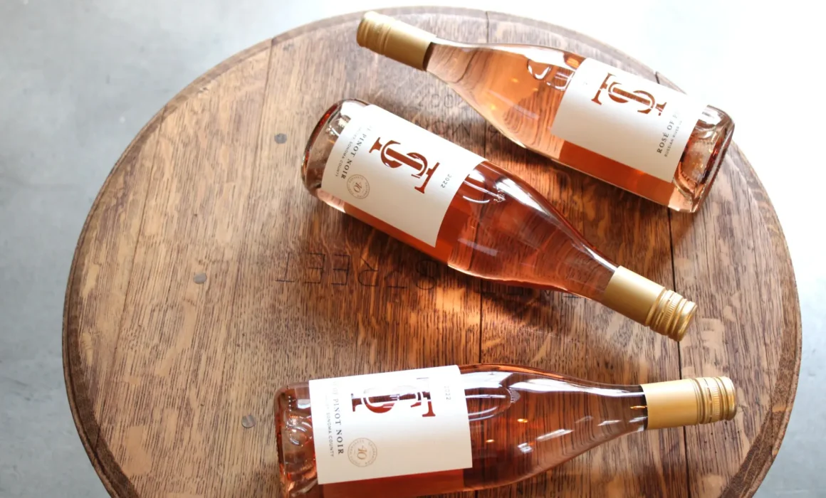 Taft Street Winery bottles on a barrel top