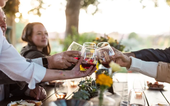 A group of friends cheers-ing their wine glasses